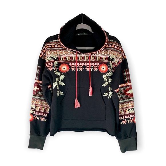 Zara BBWM Embroidered Black Cropped Hoodie Sweatshirt Size L - Picture 1 of 6